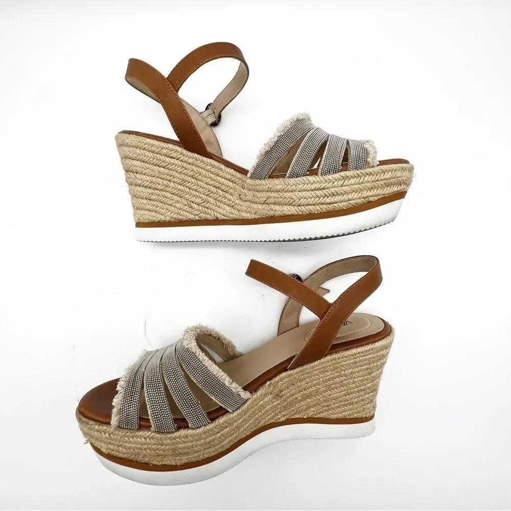 Vaneli Caila Tan Natural Canvas Silver Beaded Espadrille Wedge Boho Sandal 9.5
